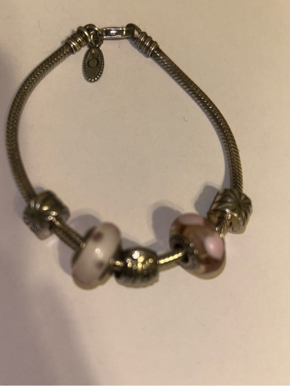 Sterling-Look Silver Charm Bracelet with Pink and White Glass Beads